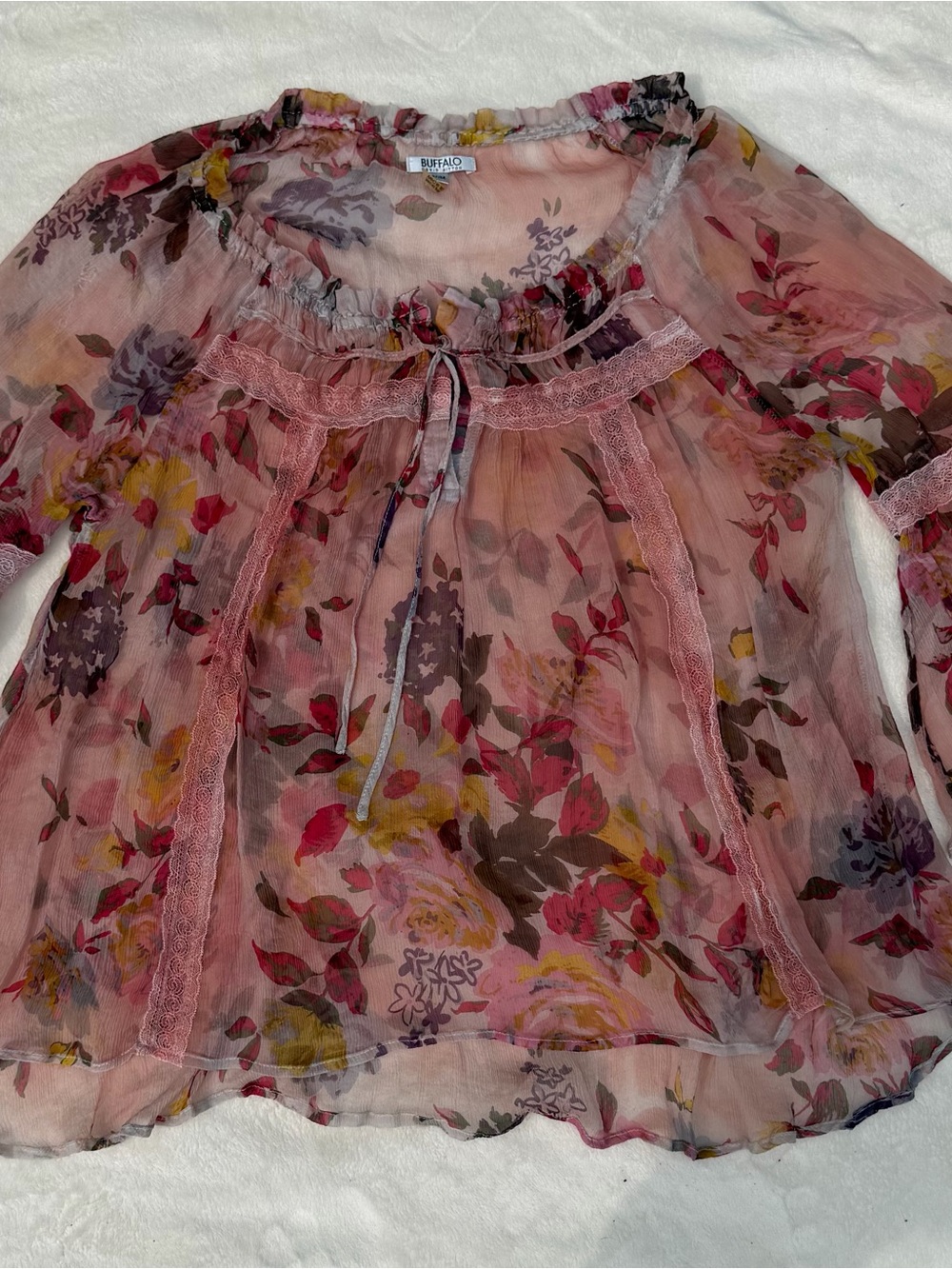 Buffalo David Bitton Pink Floral Sheer Peasant Blouse